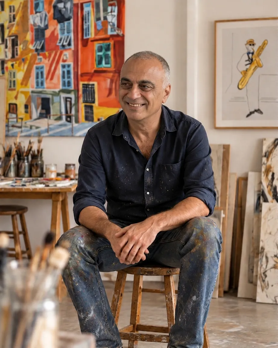 Yoel Lavian seated in his Jaffa studio, with his paintings behind him